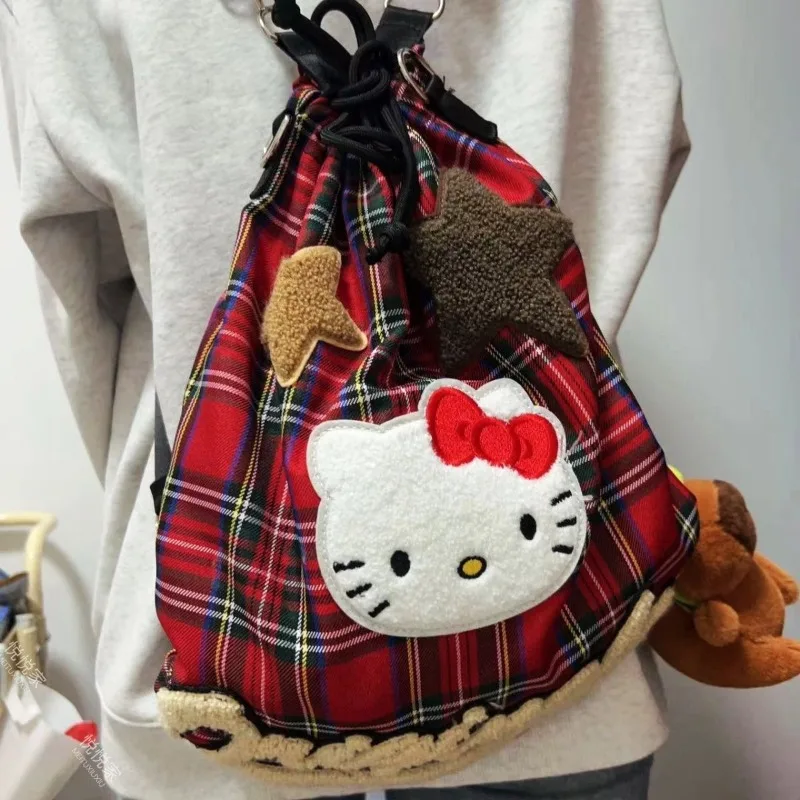 

Sanrio Hello Kitty Backpack American Retro Red Plaid Drawstring Bag Student Single and Double Shoulder Messenger Bag Kawaii Gift