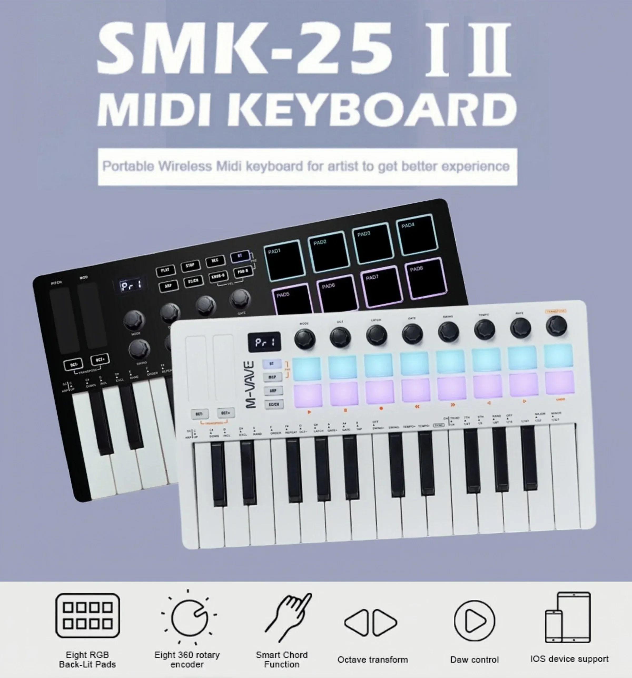 M-VAVE SMK-25 II MIDI Pad Controller Keyboard USB Mini 25 Key 16 RGB Drum Pads 8 Knobs Music Production Software Included