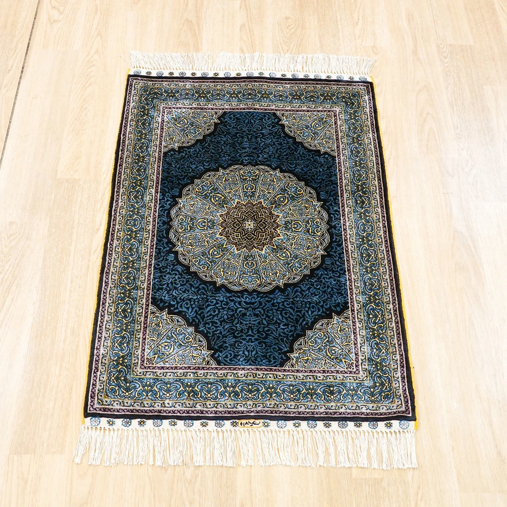 61x91cm Small Blue Turkish Rug Oriental Hand Knotted Silk Carpet