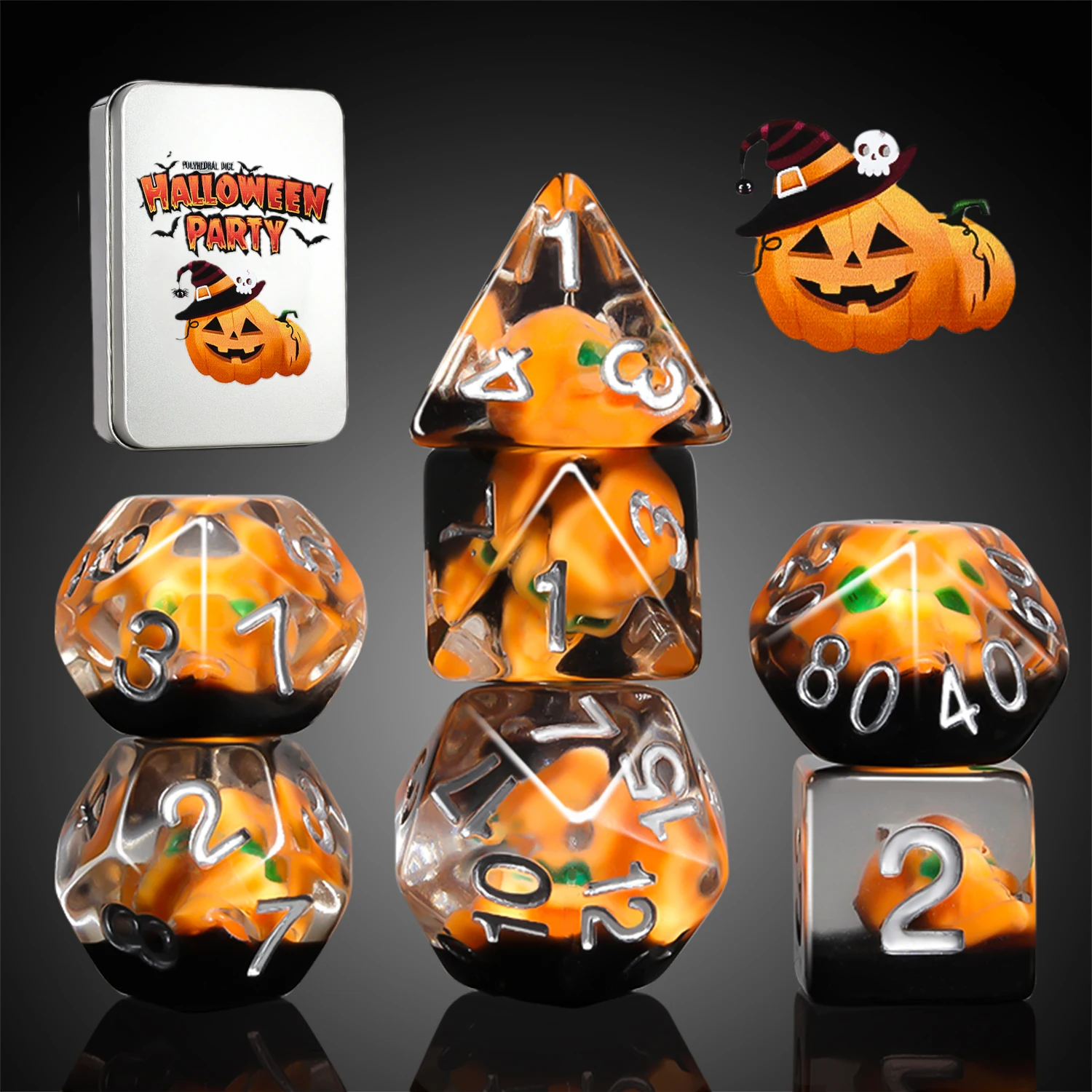 

Готический набор кубиков DND в форме тыквы и черепа с тематической коробкой для хранения, многогранные RPG-кубики для настольных ролевых игр