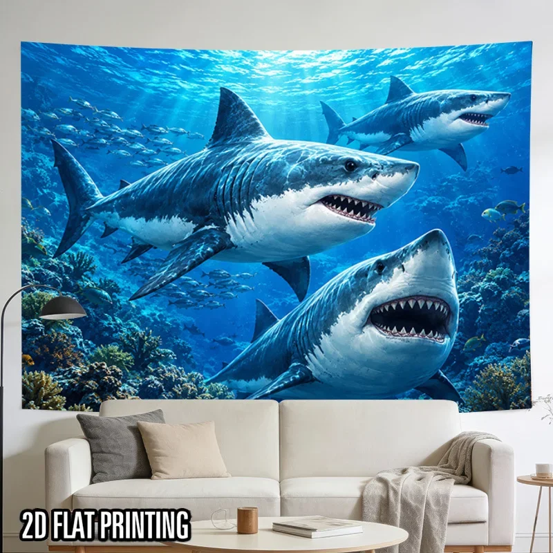 Great White Shark Tapestry, Underwater Coral Reef School of Fish Blue Ocean Seabed Wall Hanging for Bedroom Dorm Nature Home