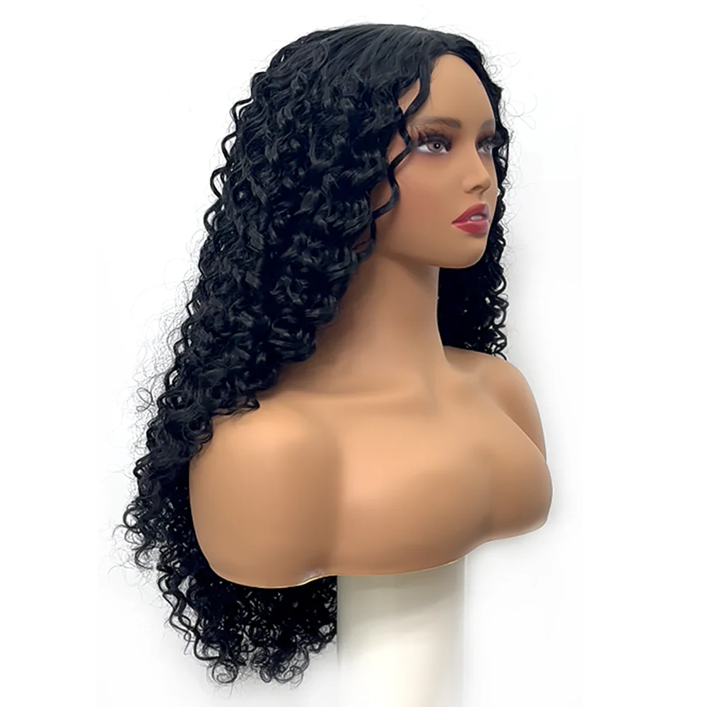 Wig sintetik berwarna hitam panjang 20-30 inci Wig keriting ikal mekanisme penuh Wig rambut lucu hitam alami untuk Wig sehari-hari wanita