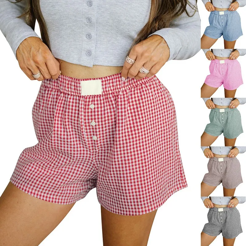 Women's Cotton Checkered Mid Waist Relaxed Fit Printed Half Length Button Shorts Medium Weight Casual Summer Outdoor Bottoms