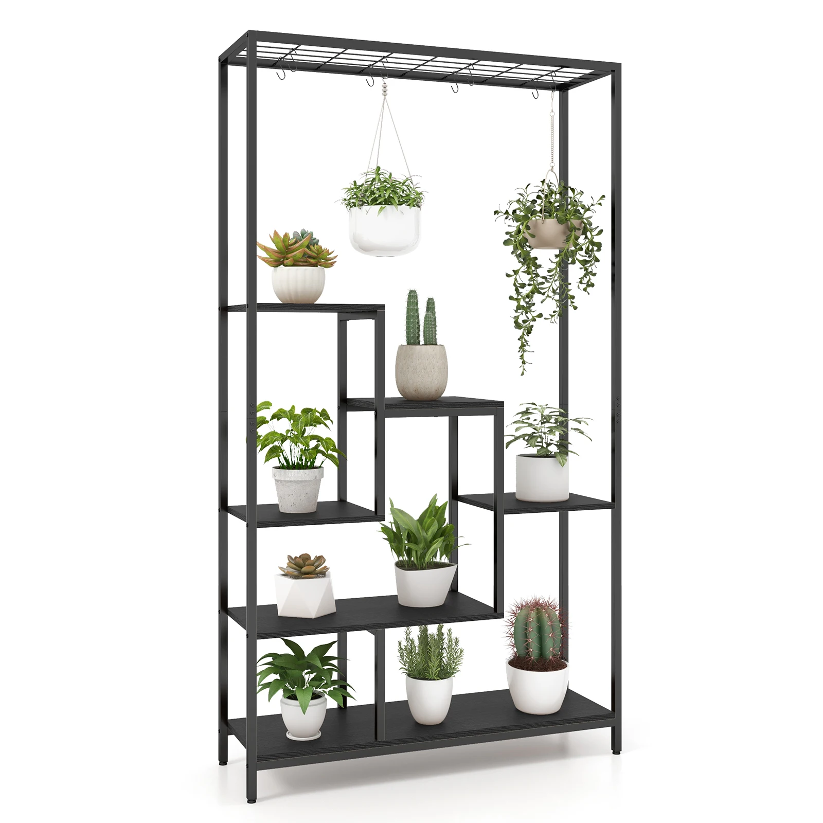 GOFLAME 6-tier Tall Plant Stand, 180 cm Metal Indoor Plant Shelf w/ 10 Hanging Hooks & Wire Shelf for Multiple Plants