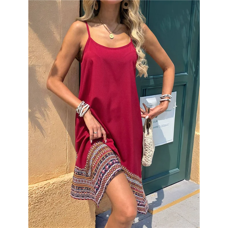 【SEE】Vestido largo bohemio con bloques de color para mujer, vestidos hawaianos con tirantes finos fluidos