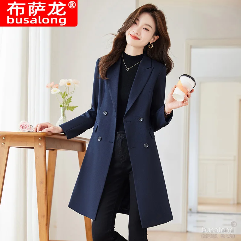 

Navy Blue Suit Trench Coat for Women, Spring and Autumn New Mid-Length Coat, Korean Style CasualOLAutumn Suit Jacket