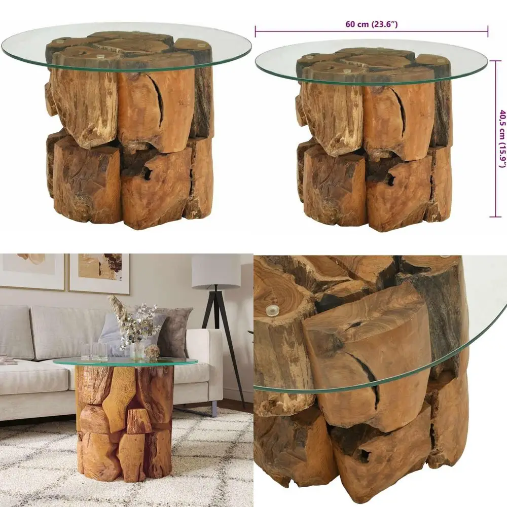 

Handcrafted Modern Rustic Coffee Table with Solid Teak Driftwood Base and Tempered Glass Top, Unique Design, 23.6 Diameter