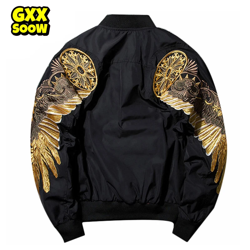 Men\'s Spring Hip Hop Jackets Gold Wings Embroidery Bomber Jacket Men Streetwear Brand Clothes Casual Outwear Coat Black WE325