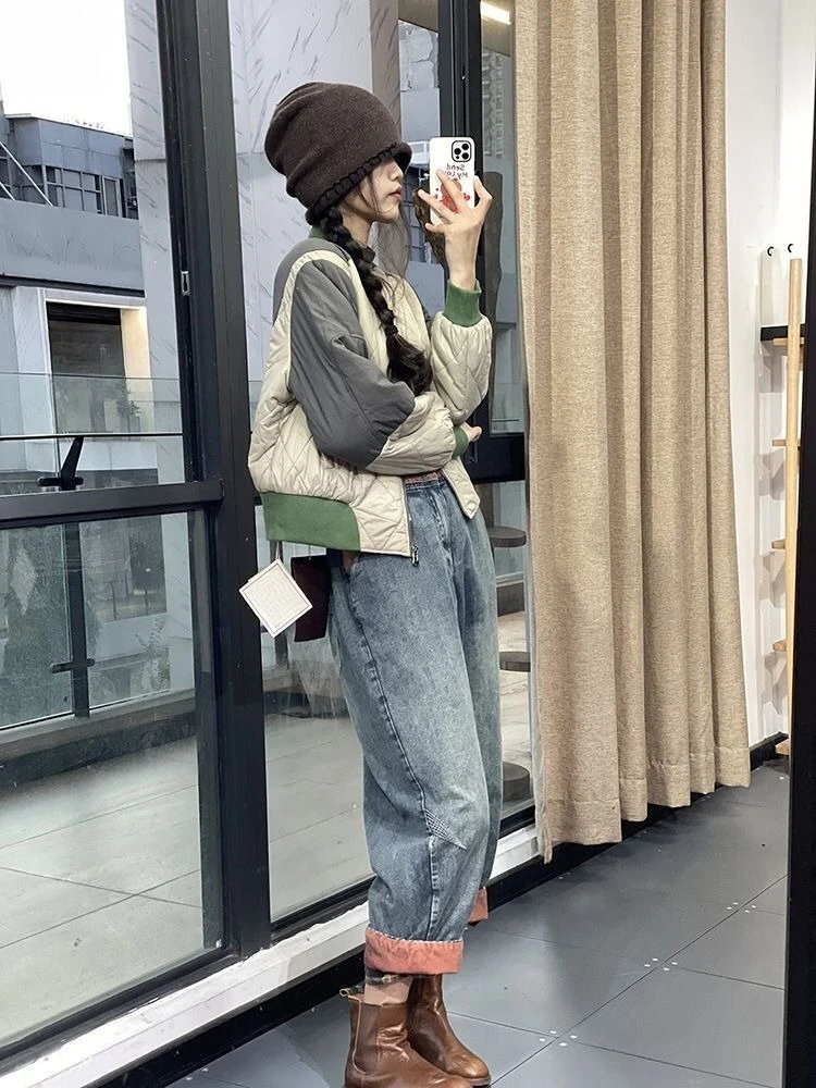 

Trendy Loose Fit Cotton Coat for Women Retro Baseball Jacket with Color Blocking Patchwork Houndstooth 2025 Winter​