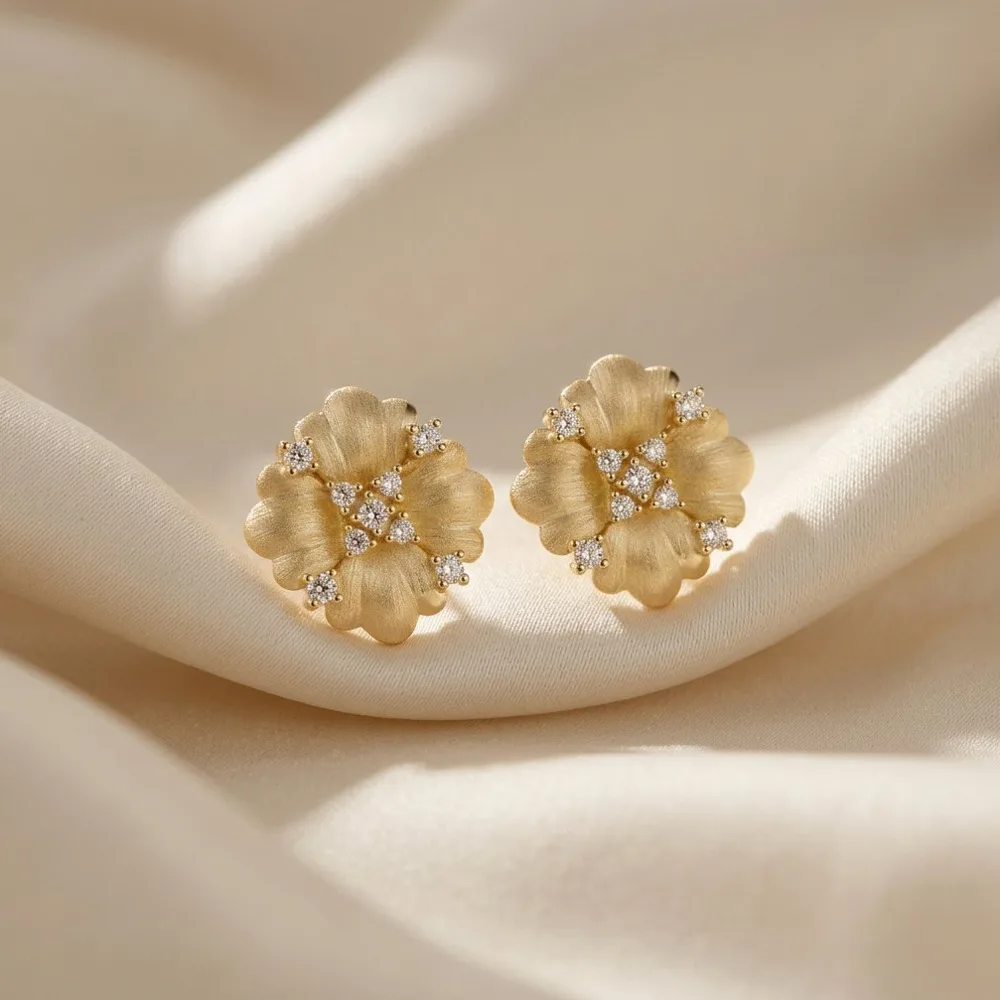 925 Sterling Silver Flower Shape D VVS1 Moissanite Stud Earrings Brushed Texture Floral Elegant Women Wedding Fine Jewelry