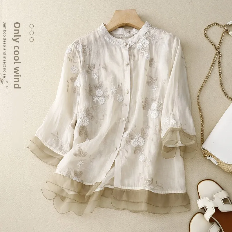 

Retro Chinese Style Heavy Embroidery Flax Cotton Lace Patchwork Top Women's Business Casual Shirt round Neck Seven Sleeve