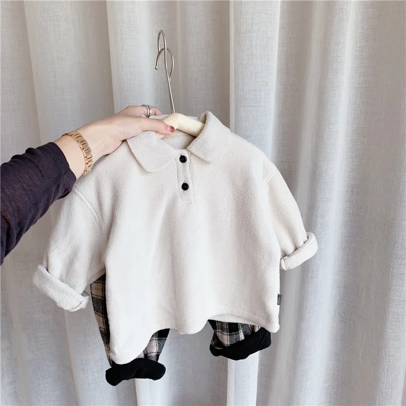 Autumn Infant Girls Beige Collared Top - Turn-Up Cuffs with 2 Black Buttons Boho Minimalist Long Sleeve Soft Cotton Basic Layer