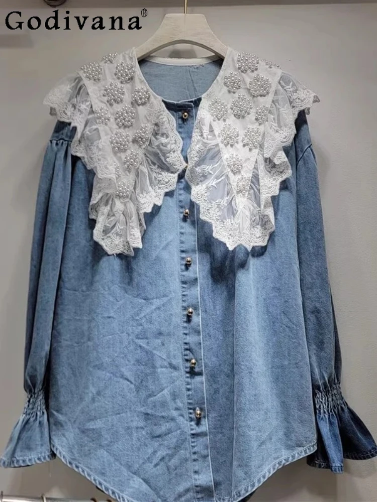 

Европейская весна-осень, новый синий джинсовый кружевной топ с длинными рукавами и воротником Питера Пэна, женская универсальная свободная рубашка с бисером для тяжелой промышленности