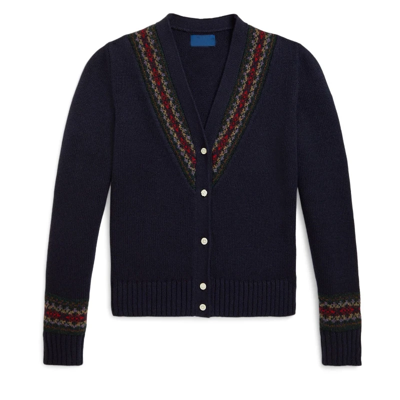 Girl's Retro V-neck Knitted Cardigan British-style Woolen Jacquard Coat Long-sleeved Sweater for Winter