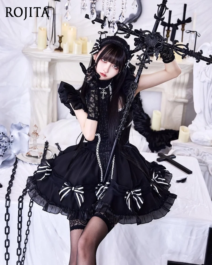 

Japanese Gothic Cross Lace Splicing Short Sleeve Hign Waist A-shaped Dress Women Balck Dress Including Headband Necklace Set