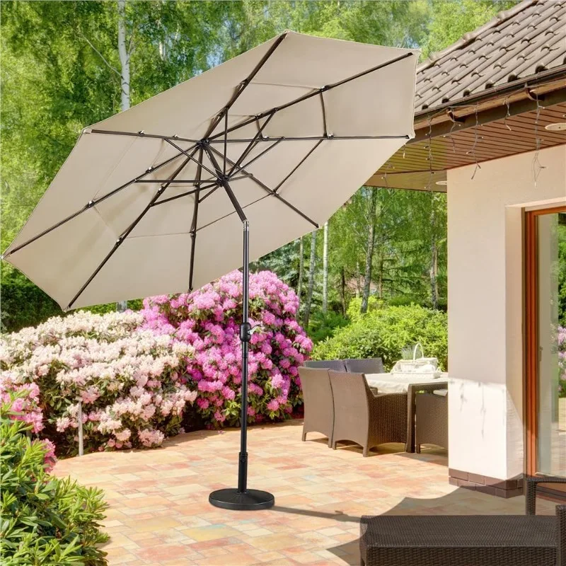 3-Tier Patio Umbrella 10ft Vented Outdoor Canopy Sun Shade Large Market Table Umbrella Double-layer Cloth &