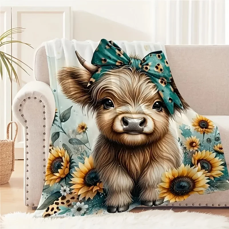 Cozy Highland Cow Print Flannel Throw Blanket | Soft Warm Versatile | All-Season for Couch, Bed, Office, Car, Camping & Travel