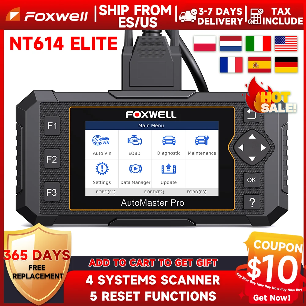 Foxwell-NT614 elite obd2スキャナー,5つのリセット,コードリーダー,スキャンツール,abs,srs,エンジントランスミッション,バッテリーテスト