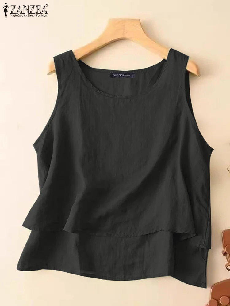 ZANZEA femmes été débardeurs hauts femme coton Camis solide sans manches Blouse décontracté col rond vacances chemise haut bas hauts surdimensionné