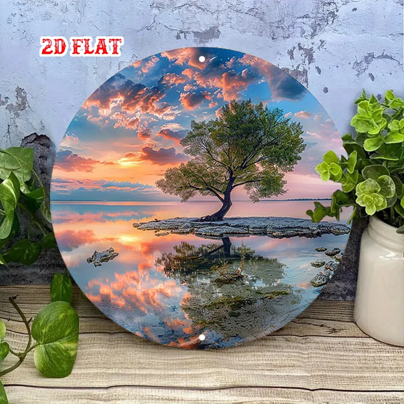 2D Flat, 2D Flat 1pc Sunset Round Wall Decor,Solitary Tree Aluminum Wall Art,Tranquil Lake Round Wall Decor,Reflection Durable I