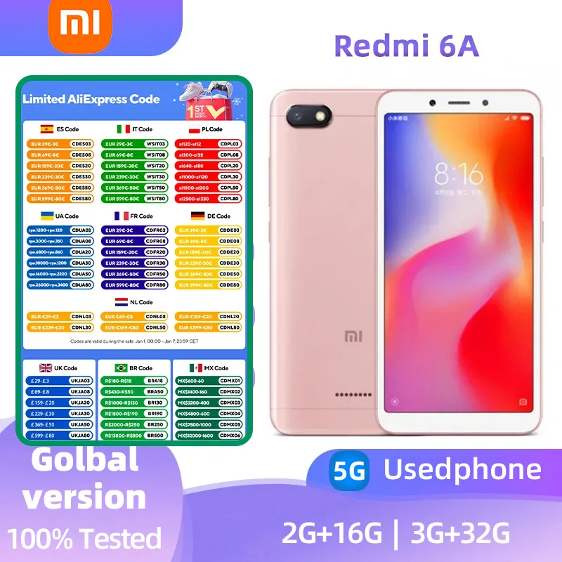 Xiaomi Redmi 6A 4G Android RAM 2GB ROM 16GB MediaTek Helio A22 5.45 inch used phone