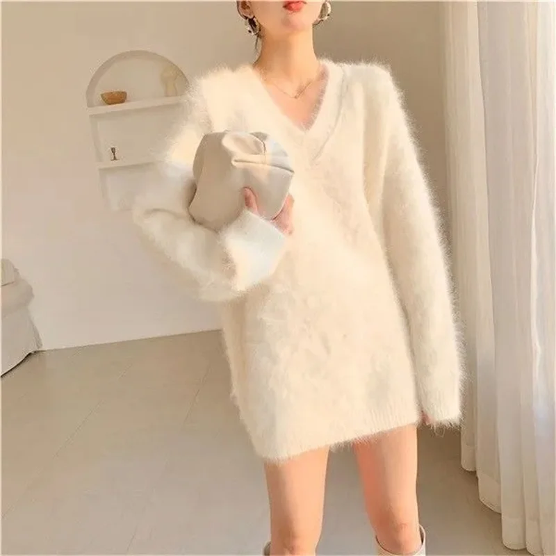 Mink fleece Sweater 2024 Autumn/Winter Women Lazy Style Lower Body Missing Sweater Medium Long with Thick Velvet Knitted Sweater