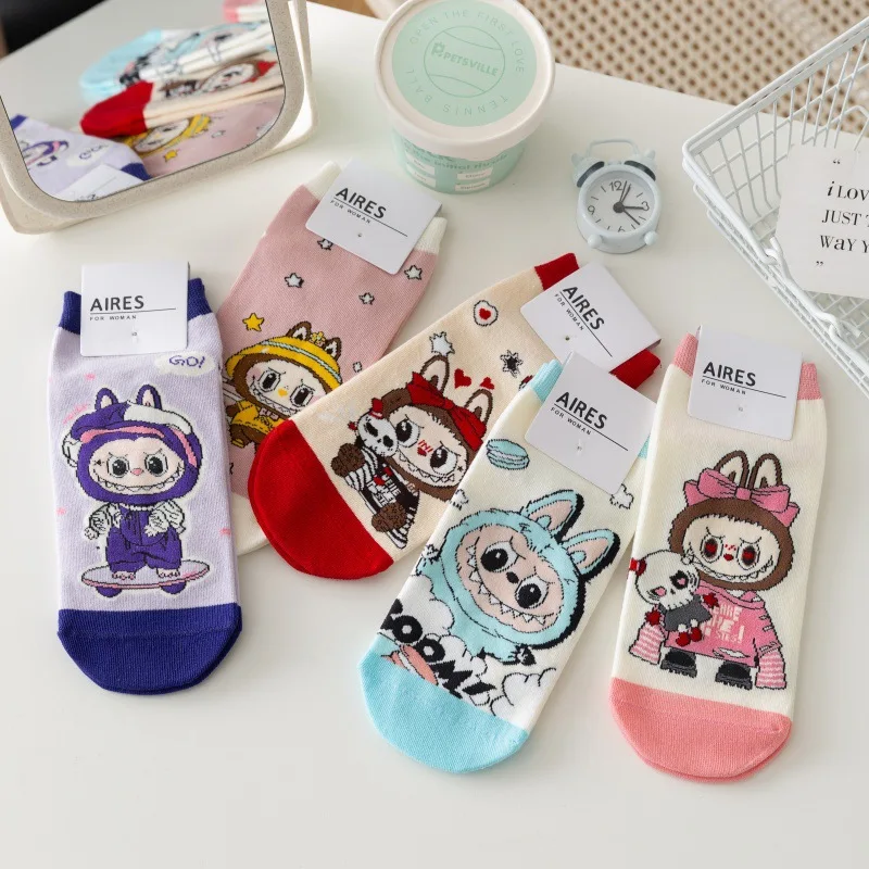 5 Pairs Labubu women's short socks cartoon Labubu trend ladies boat socks cute adult breathable cotton socks