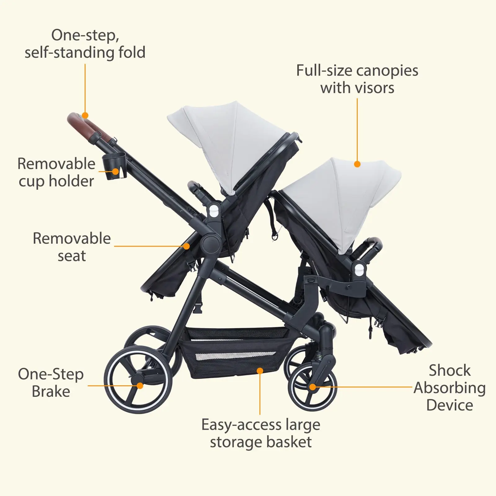 Double Track Tandem Stroller, Foldable Bassinet Pram for Infant and Toddler, Multi-Position Reversible Pushchair with Storage