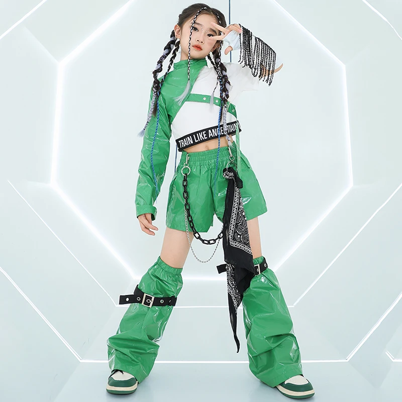 Jazz Dance Costume Girls Hip Hop Outfits Green Sleevs Pants Kids Street Dance Performance Clothes Group Stage Clothing BL14042