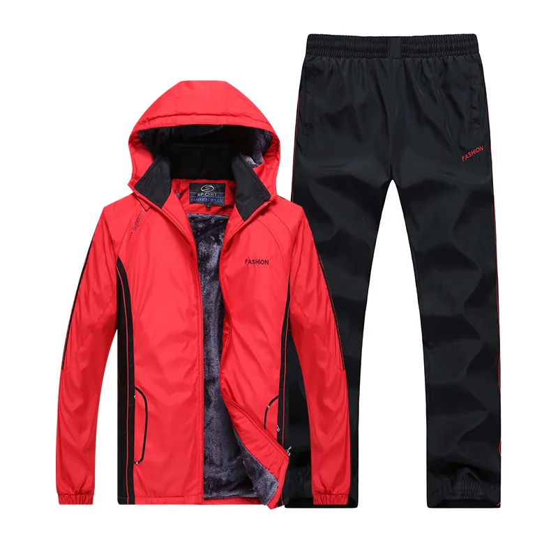 1 Set=2 Pcs Winter Thickened Warmth Hooded Sportswear Set Tops Pants for Middle-aged and Elderly Men Sports Windproof Suit