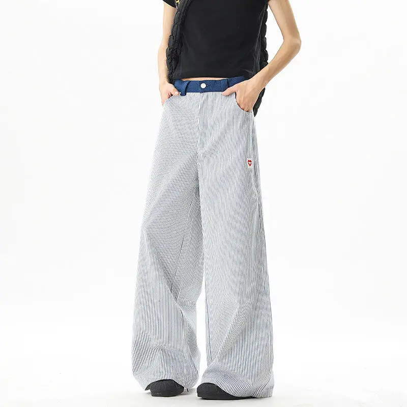 

Retro American Vertical Stripes Men's Summer Embroidered Loose Wide Leg Casual Pants Faion Brand Flared Floor-Length Trousers