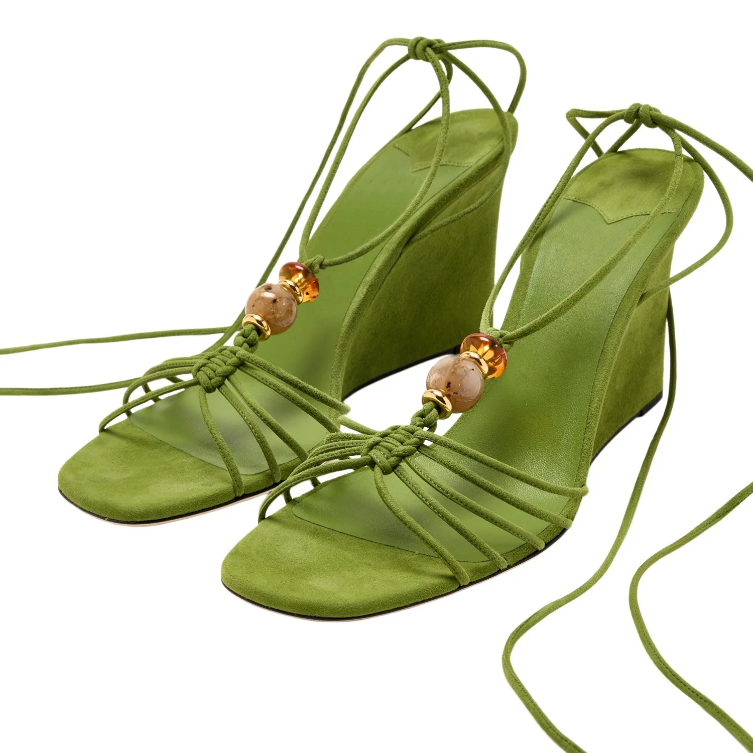 Women New Boho Style Suede Wedge Heel Sandals Ankle Wrap Lace Up Natural Amber Bead Square Open Toe Summer Shoes