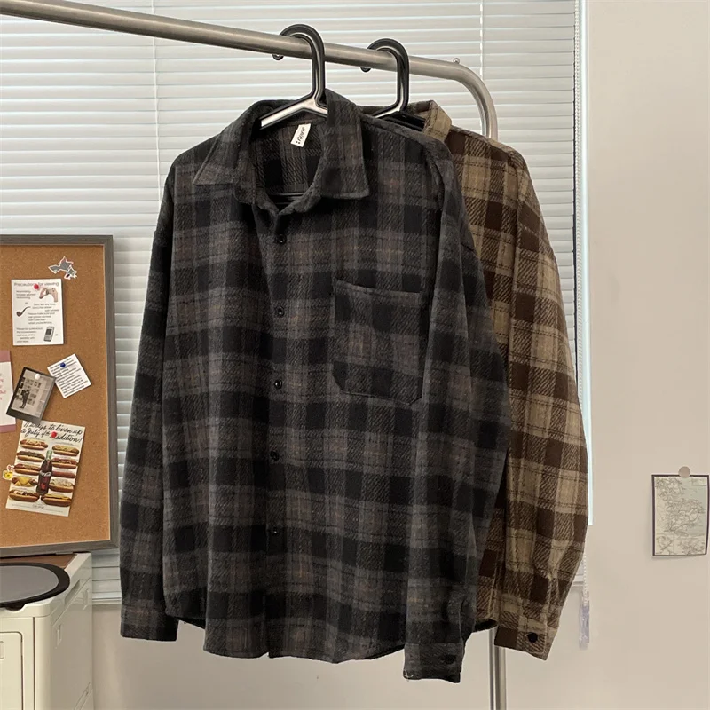 

Retro Brushed Plaid Men's Long Sleeve Shirt Spring Autumn Loose Casual Outerwear Fashionable Brand Top Youth Popular Style