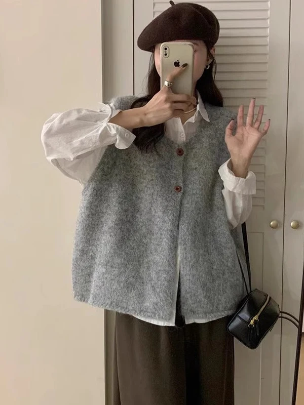 

ay Svel Camere Knitted Vest Women's Korean Sle Aosphere Deep Winter Layering Medium Length Sweater Cardigan Thi