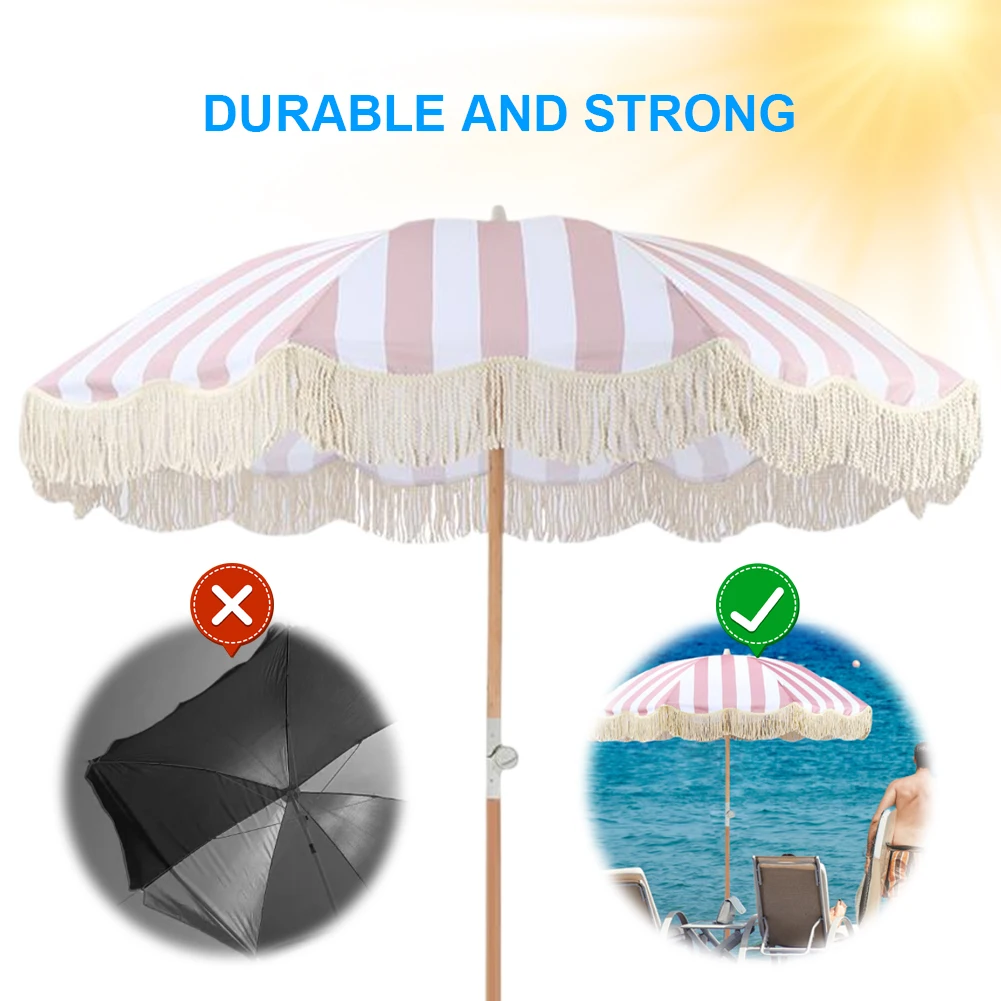 Striped Outdoor Sunshade Umbrella with Fringe Sun Shelter with Tilt Pole for Balcony Terrace Swimming Pool Beach Garden