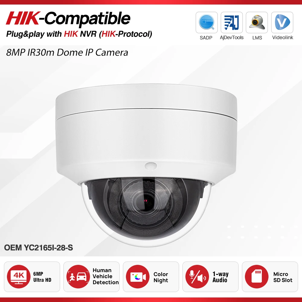 

Hikvision-совместимая купольная IP-камера 6 МП со встроенным микрофоном IR30m Plug & Play для обнаружения транспортных средств с пультом дистанционного управления HIK NVR APP