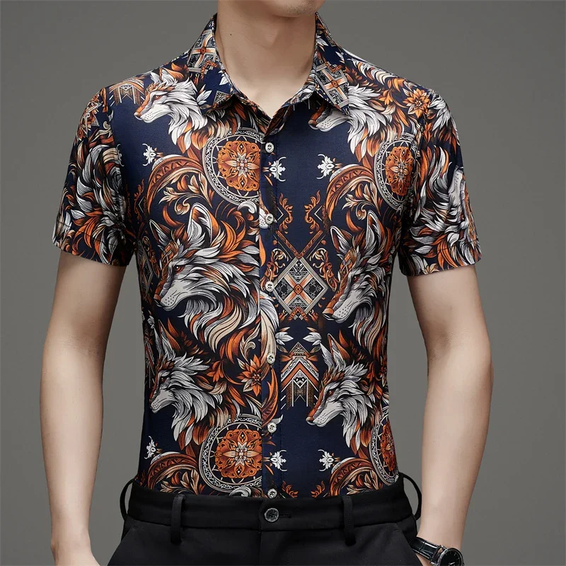 Camisa estampada de manga corta de seda de hielo para hombre, camisa informal resistente a las arrugas, novedad de verano