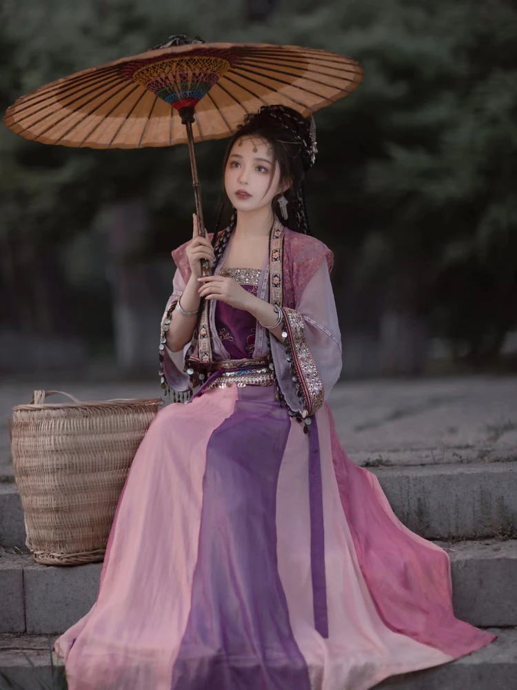 Hanfu الأرجواني الشيفون فستان طويل للنساء ، الدانتيل التطريز مع شرابة ، رائعة تنورة قصيرة ، الصيف ضوء ، تنفس النمط الصيني