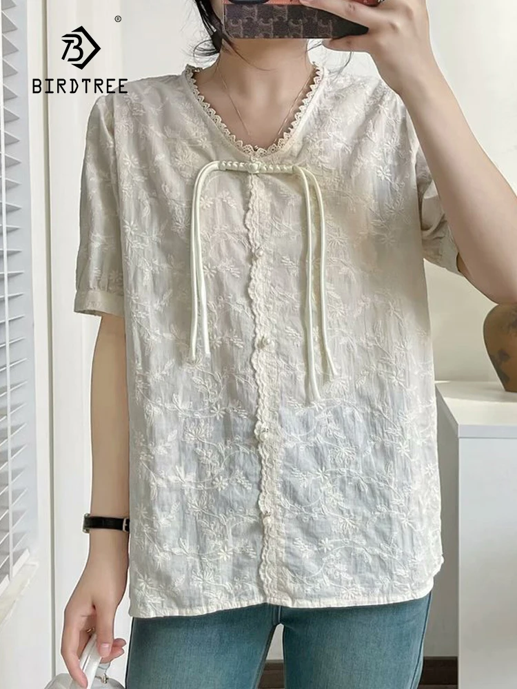 

New Spring Cotton Embroidery Shirt Women O Neck Butterfly Sleeve Literature Tops Girl Loose Commute Blouses 2024 Autumn T44759QC