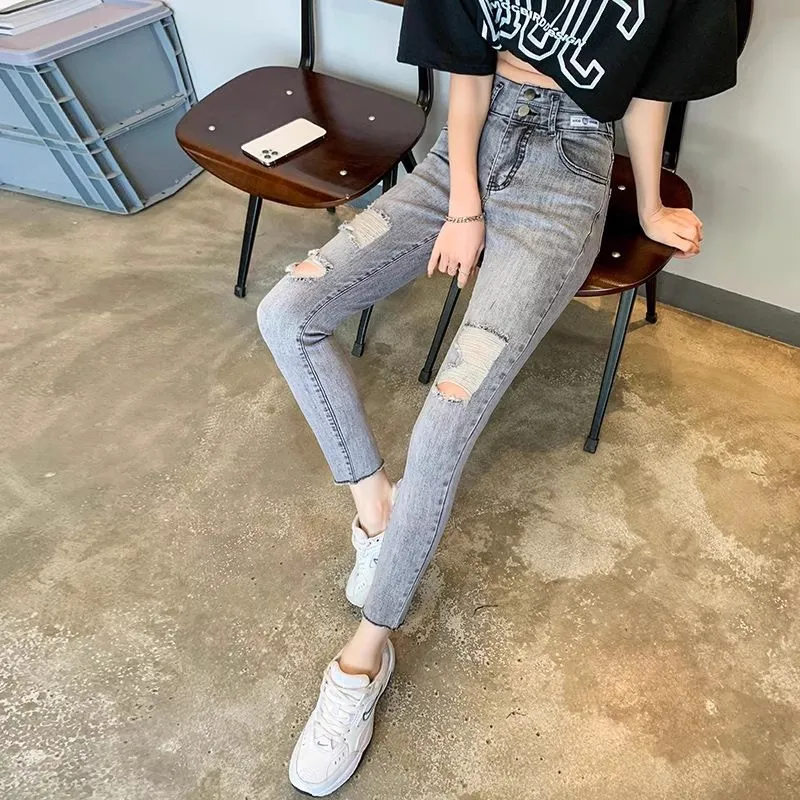 

Summer Women's Jeans Solid Color Hole High Waisted Slim Denim Trousers Ankle Length Pencil Pants