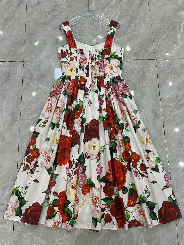 JUNLINNA 100% Cotton Dress Fashion Flower Printing Vestidos Spaghetti Strap Party Holiday Expansion Lady