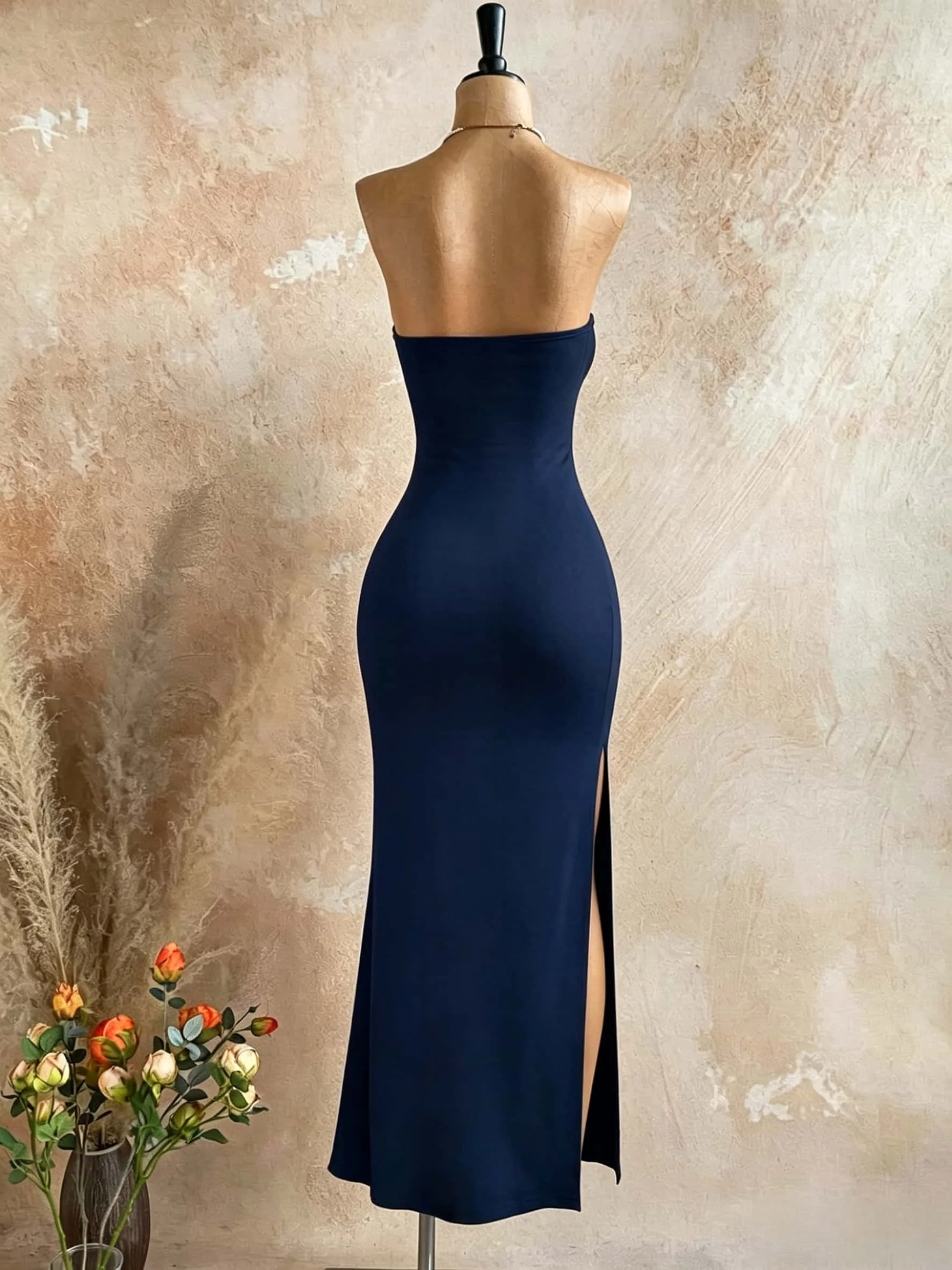 Damen Trägerloses Maxikleid mit Hohem Schlitz, Figurbetontes Sexy Langes Tube-Kleid – Detail 2