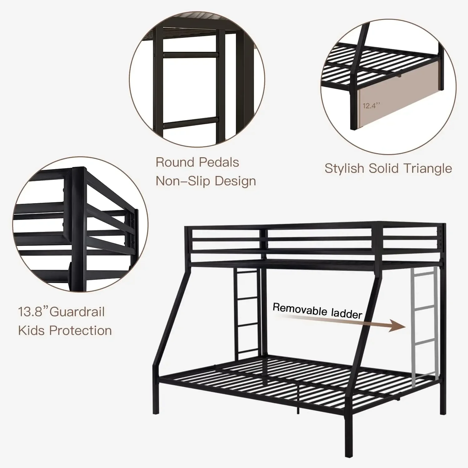 win Over Full Size Beds with Sturdy Guard Rail Removable Ladder, Space-SavingNoise-FreeMatte Black