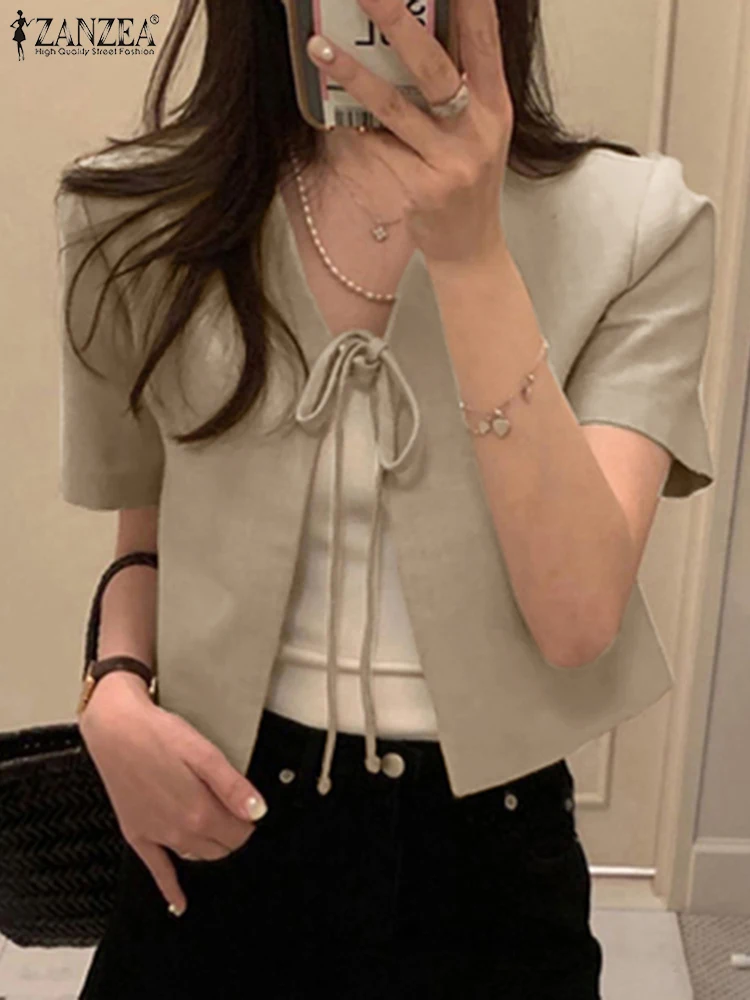 

Elegant Women Cardigan Blouse 2025 ZANZEA Summer V Neck Short Sleeve Work Shirt Stylish Lace Up Holiday Tops Solid Thin Coats