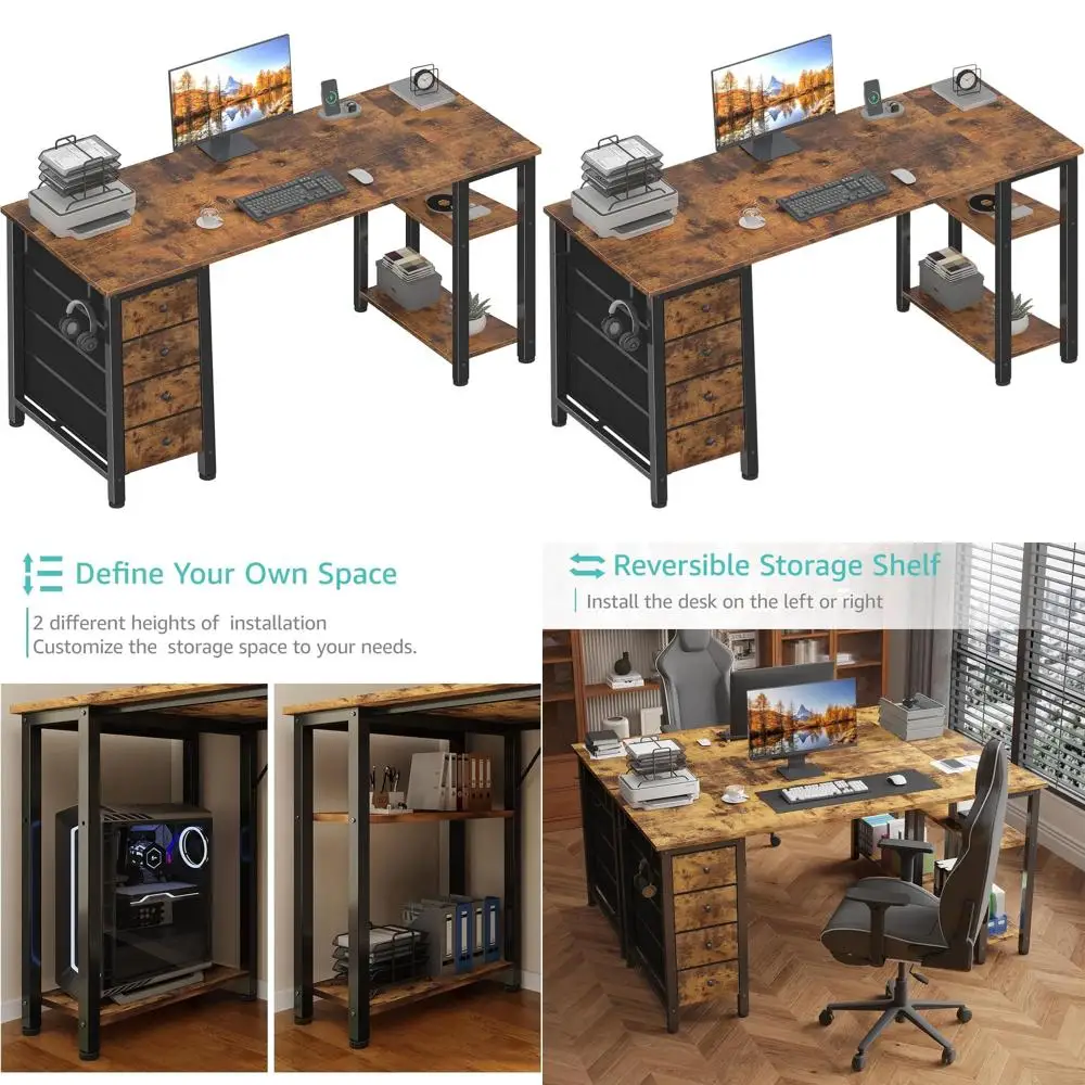 مكتب كمبيوتر بني ريفي حديث مع 4 أدراج قماشية وأرفف تخزين، 63 مكتب دراسة للمكتب المنزلي أو غرفة النوم، مناسب