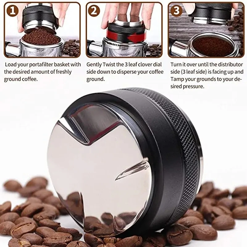 51/53/58mm Coffee Distributor & Tamper, Dual Head Coffee Leveler Fits, Adjustable Depth-Espresso 3Angled Cafe