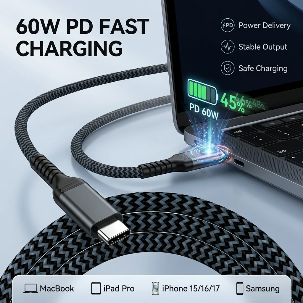 60W PD USB-C-zu-C-Kabel USB 3.2 10Gbps Schnelllade-Datenkabel Typ-C-Kabel für Laptop SSD Festplatte MacBook iPhone 15 16 17
