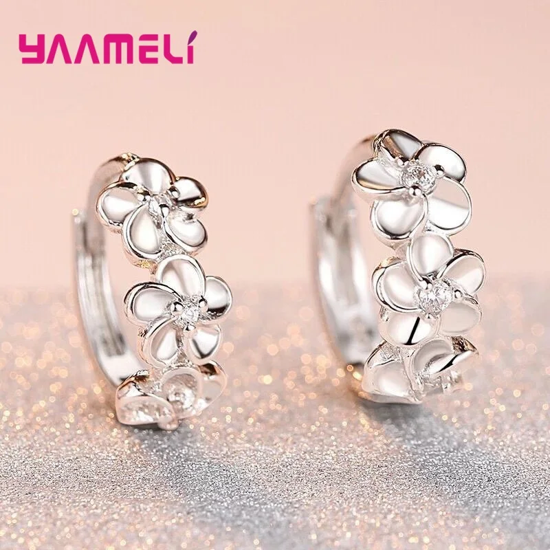 Hot Sale 925 Sterling Silver Jewelry Popular Flower Camellia with Clear Zircon Paved Grace Hoop Earrings for Party Accessories