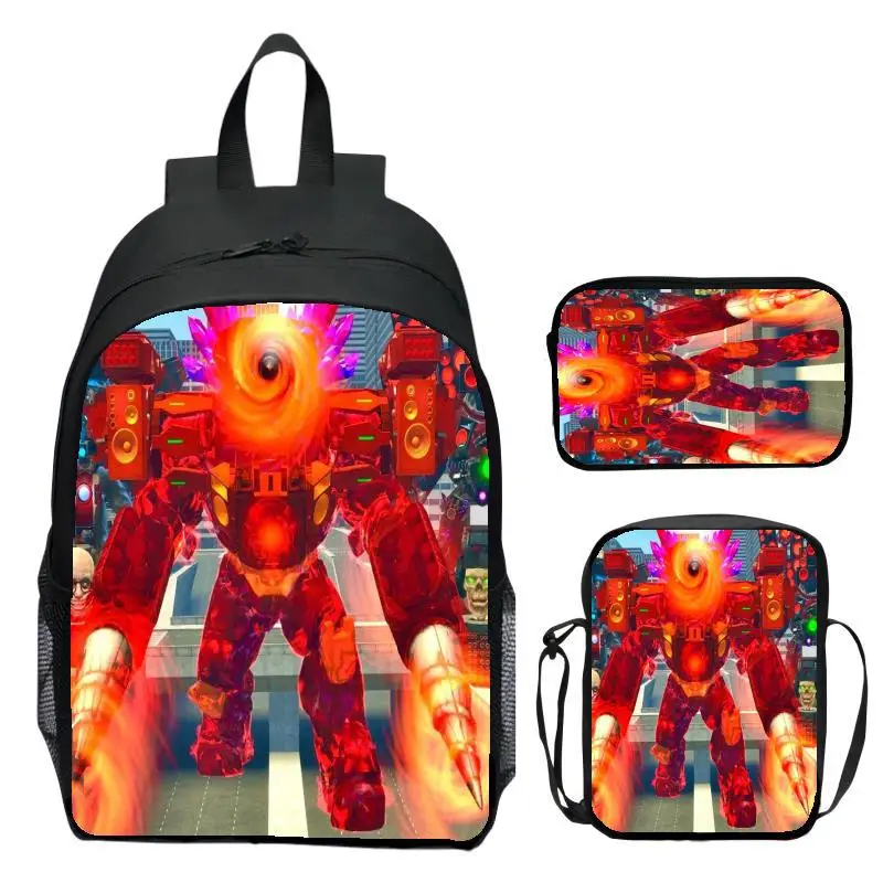 Skibidi Toilet 3-piece children's backpack, Titan clock, electric drill, student backpack, shoulder bag, pencil case