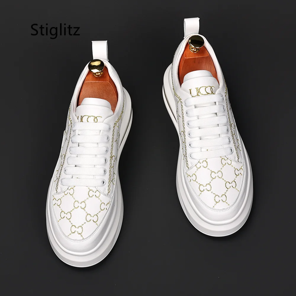 Embroidery White Sneakers Shoes for Men Lace Up Casual Sports Shoes Thick Sole Height Increasing Breathable Outdoor Hiking Shoe